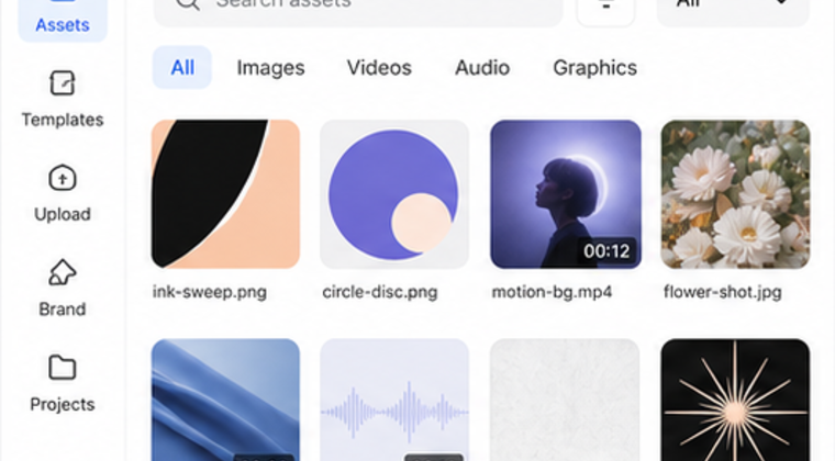 Asset library screenshot with semantic search, media thumbnails, and collections