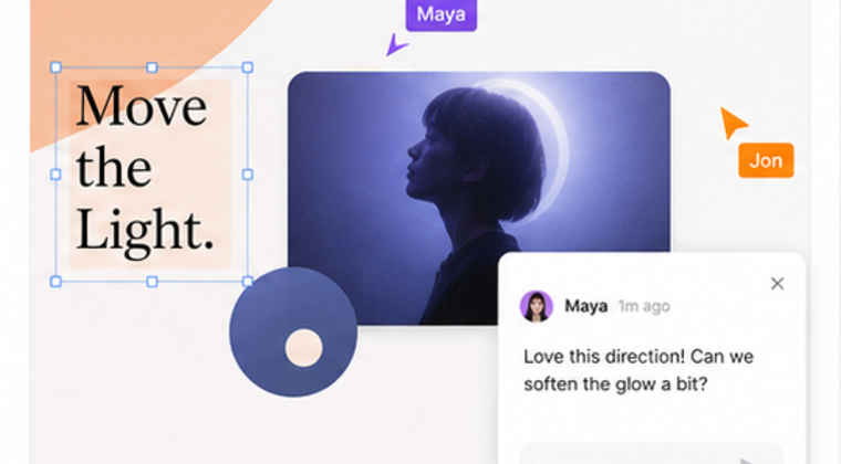 Review screenshot with collaborator cursors, comments, and selected canvas content