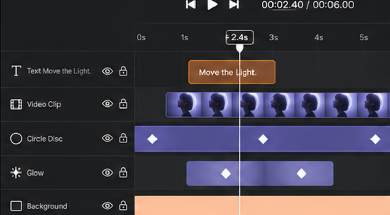 Timeline screenshot with layered motion tracks, clips, and keyframes