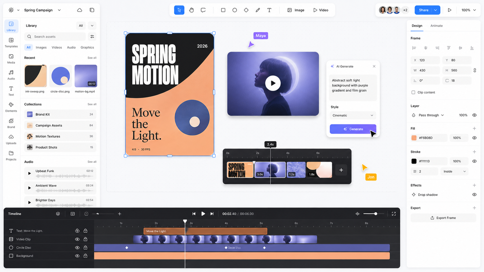 flare.design product interface showing a motion canvas, asset library, AI generation panel, timeline, and inspector